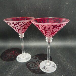 Michael Weems 2004 Elise Collection Drinking Martini Glasses Etched Red Set 2